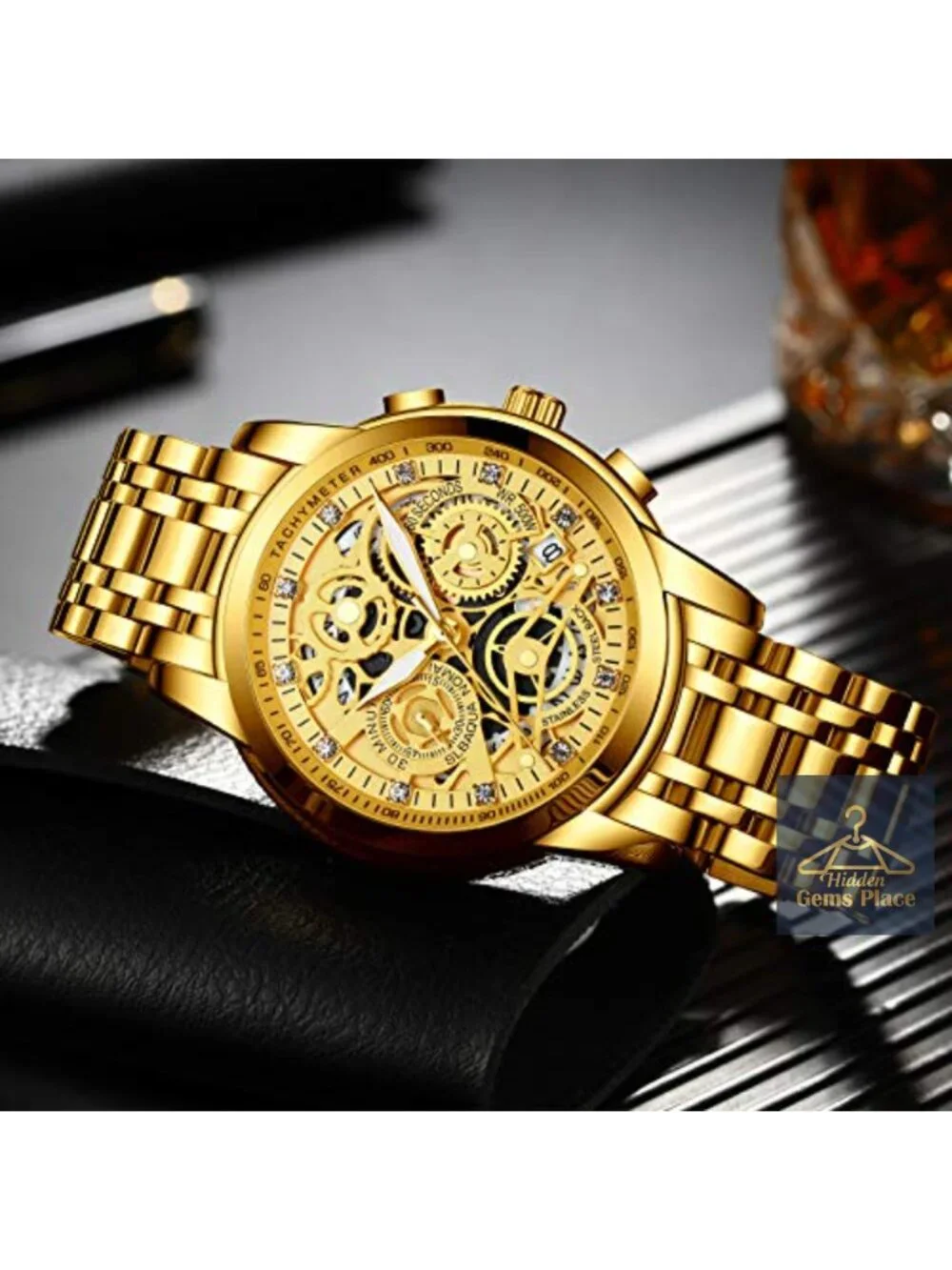 Men's Stainless Steel Quartz Watch, Skeleton Dial Chronograph, 3ATM Waterproof
